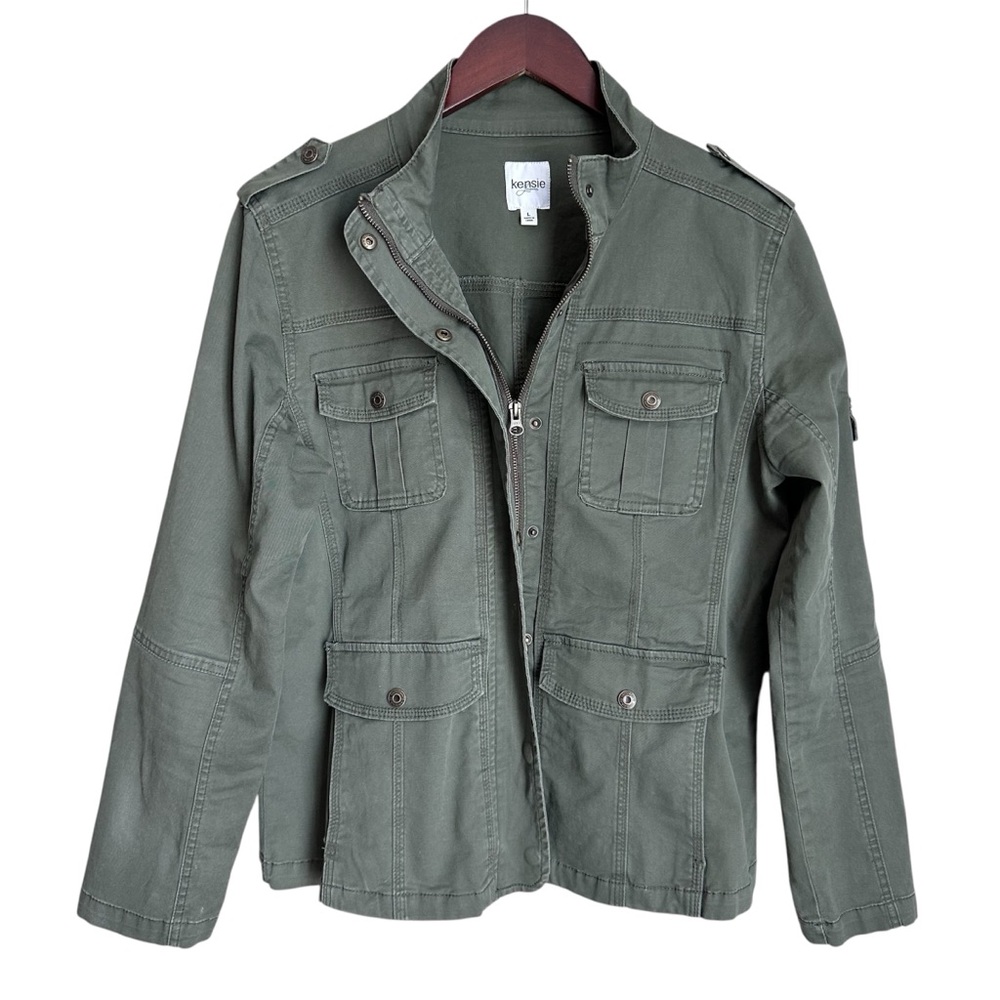 Kensie Jeans Utility Cargo Jacket Full Zip Army Green Military Style Streetwear